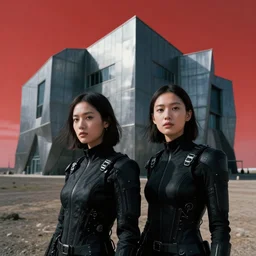 cinestill 5 0 d photograph of 2 women wearing black techwear in front of a brutalist sharp - edged metal building, closeup, on a desolate plain with a red sky, dystopia, cyberpunk, 4 k, 8 k, hd, full color