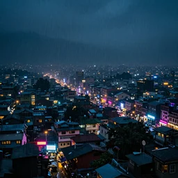 the city of kathmandu in a dystopian future, rainfall, night, neon lights, concept art, highly detailed, cinematic, from far away