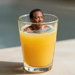 ( shrunk down o j simpson ) swimming inside [ a glass of orange juice ]