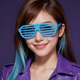 closeup painting of a very beautiful young mexican cyberpunk woman with a smirk, wearing light blue shutter shades and a purple coloured leather jacket, one side haircut, long brown hair with light blue ends, portrait, hyperdetailed, artstation, cgsociety, 8 k, synthwave by tangerine dream, by jean - michel jarre, by vangelis, by john carpenter