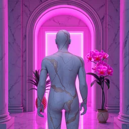 “ a beautiful mannequin made of marble printed in 3 d geometric neon kintsugi!! facing a giant doorway opening with a neon pink light, vaporwave flowering iridescent pineapples + orchids, inside a room with marble columns, transcendent, vibrant color, clean linework, finely detailed, 4 k, trending on artstation, photorealistic, volumetric lighting, octane render ”