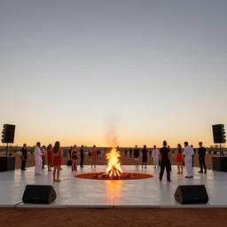 low angle shot, dancefloor kismet, diverse costumes, revellers, clean composition, desert transition area, front left speaker, bonfire, night, the australian desert, zaha hadid, xf iq 4, symmetry, sony a 7 r, 1 5 0 mp, 5 0 mm, f 1. 4, iso 2 0 0, 1 / 1 6 0 s, dawn, golden ratio, rule of thirds