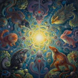 a painting of creatures in the void by vladimir kush, highly detailed, radiant light, intricate environment, deviantart, 4 k