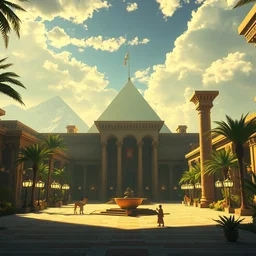 a wholesome animation key shot of a park plaza in ancient egypt, by studio ghibli, animation, sharp, rendered in unreal engine 5, focused, anime key art by greg rutkowski, bloom, dramatic lighting