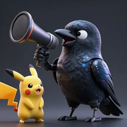 high quality 3 d render very cute cyborg crow! sings into big microphone!, cyberpunk highly detailed, unreal engine cinematic smooth, in the style of blade runner & detective pikachu, hannah yata charlie immer, moody light, low angle, uhd 8 k, sharp focus
