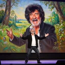epic photo of old!!!!!!!!!!!!!!!! bob ross on stage frustrated and angry and yelling!!!!!!!!!!!! at a huge painting of nature!!!!!!!!!! by bob ross, grey hairs, masterpiece, trending on artstation