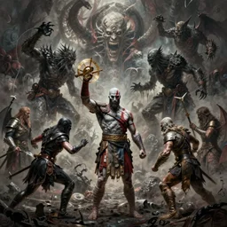 an ultra detailed matte landscape painting of kratos from god of war teaming up with the hunter from bloodborne, killing the great ones, grimdark realism, cosmic horror, liminal space, ultrawide lens, intricate, highly detailed, digital painting, artstation, concept art, sharp focus, octane render, art by greg rutkowski and alphonse mucha and rembrandt, 8 k