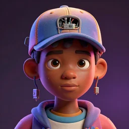 colourful vfx portrait - art of an african boy wearing a baseball cap with wires and computer chips dangling from its inside, art by hsiao - ron cheng, volumetric light, dramatic lighting, ray tracing, digital painting, digital illustration, claymation style, unreal engine render, sharp, intricate detail, behance, artstation, pinterest,