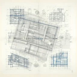 An artwork made from layers of technical drawings and architectural plans and blueprints, very detailed and intricate with callout texts, leaders, arrows,  with dimensions and titleblocks and section bubbles by Kim Jung Gi and Hasui Kawase and Tomine