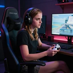 emma watson wearing a gaming headset photo sitting on gaming chair dramatic lighting from monitor light from gaming monitor in gaming room holding controller