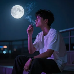neon man sitting at night smoking and looking at the moon,very beautiful,very detailed,4k