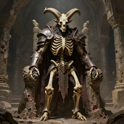 A spiked horned detailed semiork-semihuman skeleton with armored joints stands in a large cavernous throne room with a pebble in hands. Wearing massive shoulderplates, cloak. Extremely high details, realistic, fantasy art, solo, masterpiece, bones, ripped flesh, art by Zdzisław Beksiński, Arthur Rackham, Dariusz Zawadzki, Harry Clarke