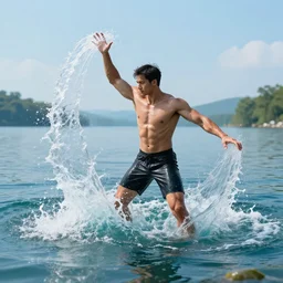 muscular magician man, casting water magic, making waves rise from a beautiful lake. highly detailed painting by gaston bussiere, craig mullins, j. c. leyendecker 8 k
