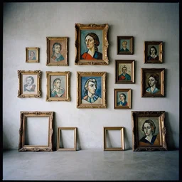 kodak portra 4 0 0, 8 k, wide flashlight shot of a highly detailed, britt marling style, colour still - life portrait of a large minimalistic room, rough concrete walls, full of square baroque picture frames and square picasso paintings in baroque picture frames,