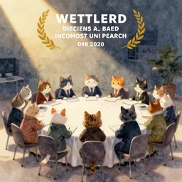 watercolor illustration style, cute! cats!!! in jackets research meet in big table, business, inspiring art