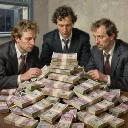 three men and many stacks of money, pile of money, highly detailed oil painting by francis bacon, edward hopper, adrian ghenie, glenn brown, soft light, 4 k,