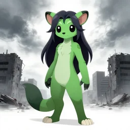 full-body portrait of a anthro green zombie opossum fursona with long dark hair. Ruined stormy city. Glorious sun beams, intricate, elegant, highly detailed, digital painting, short focus, illustration, Allan Lee, John Howe