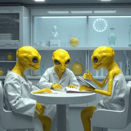 lemon alien, in a lab discussing philospy with his other lemon alien friends, fantasy, highly detailed, white lab, modern alien lab mist