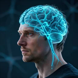 portrait of alexander skarsgard with the dendrites of the neurons in his brain are stained cyan