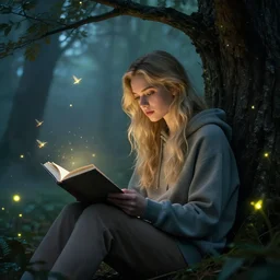 portrait, stunningly beautiful blond girl wearing a hoodie, sits in a mystical misty forest, reading under a tree, fireflies and fairies, dramatic lighting, cinematic, establishing shot, extremly high detail, foto realistic, cinematic lighting, post processed, concept art, artstation, matte painting, style by eddie mendoza, raphael lacoste, alex ross,