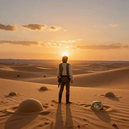 beautiful wide shot tatooine landscape, Luke skywalker sunset, Star Wars a new hope 1977, studio ghibli, Miyazaki, Greg rutkowski, Alphonse mucha, Moebius, golden hour, tiny! domes, highly detailed, hdr, vivid color, 70mm