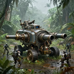 armored outpost steampunk, with cannons, rocket launcher, robotic soldiers, in a jungle valley, in the rain, octane render, volumetric, unreal engine, depth of field