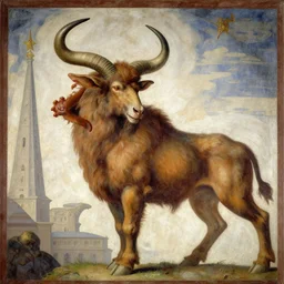 style of fantastic fresco : : fantasy art scene : : timeless masterpiece : : hairy philosopher minotaur, ox head : : background roman spire