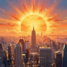 the rising sun exploding into a metropolis, intense intricate detail, beautiful and gorgeous design, cinematic composition, painting masterpiece by rembrandt, michelangelo, junji ito, yoji shinkawa, takehiko inoue, psychedelic imagery background, fractal clouds