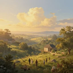 symmetry!! god overlooking a surreal landscape of a dream, lucid dream, people, very detailed, serene, peaceful, golden hour, perfect lighting, perfect composition, digital art, illustration, frederic edwin church, 4 k