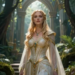Beautiful art portrait of Melissa Rauch as a fantasy priestess in a bright temple surrounded by lush forest, atmospheric lighting, intricate detail, cgsociety, hyperrealistic, octane render, RPG portrait, ambient light, dynamic lighting