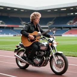 bob dylan riding a motorcycle and playing his guitar in the fulham football club stadium, photograph
