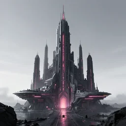 a minimalist gothic scifi brutalist futuristic spaceship cathedral factory planet with neon lights, high dynamic range, ilm, beeple, star citizen halo, mass effect, bladerunner, elysium