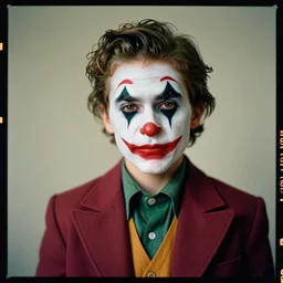 kodak portra 4 0 0, 8 k, highly detailed, britt marling style 3 / 4 photographic close, medium format, press award winning colour portrait of a handsome boy with a joker makeup, up face with 1 9 2 0 s hairstyle, 1 9 2 0 s clothing style, asymmetrical, hasselblad x 1 d - 5 0 c, 1 0 0 mm f 1. 8, soft light
