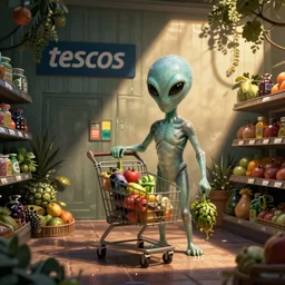 alien in tescos doing the shopping