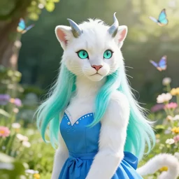 portrait of beautiful male albino white furry panther with long turquoise fur, small horns, cute big mint eyes, and a blue dress, in a garden full of flowers and butterflies, genshin impact, realistic anime, backlit, strong rim light, sharp focus, octane render, trending on artstation, 8 k