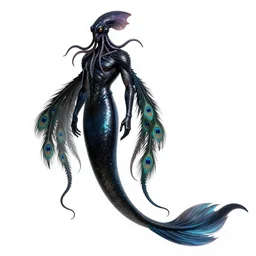 concept designs for an electric black light merman, with an long snake tail instead of legs, there are no legs, with a squid like parasite for its head, and with long squid tentacles for arms that flow gracefully at its sides and resemble peacock feathers, art by yuji ikehata and satoshi kon and miyazaki, realism, proper human male proportions, fully clothed