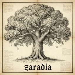 technical drawing of an ancient massive tree with lots of branches, stars are hanging from the branches in multiple layers, zaradia is written in a goth font on the map footer, detailed map, notes, old paper