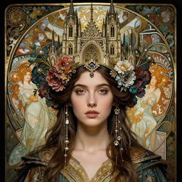 hyperrealistic detailed portrait of a beautiful young goddess with an intricate headgear morphing into a gothic cathedral, authentic ornamental architecture, flowers, art by ernst haeckel, john william godward, android jones, alphonso mucha, h. r. giger, gothic, neo - gothic, ornamental, beautiful deep colours,