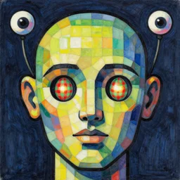 a stunning drawing of a human head, rendered into tesselated blocks of colour, bold black outlines, and eyes as spheres on the end of looping stalks. the cheeks are hollowed out and contain red and green gingham ellipsoid glowing eggs