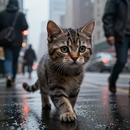 a grungy cyborg kitten walks in NYC street in a rainy day among other people, led lights around the place, digital painting, ultra detailed, unreal engine 5,