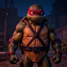 ninja turtle raphael dim studio lighting, at night, ( ( photograph ) ), moody, realistic, detailed, low light, skin tinted a warm tone, light blue filter highly detailed, painting, red and black color palette, intricate, high quality anime artstyle, scenic view