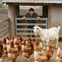 a small farmyard with a flock of chickens fenced in, a goat standing like a man feeding the chickens, and behind the gate of the farmyard a farmer peeking in fear