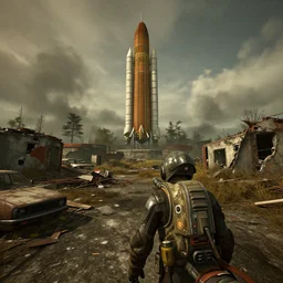kennedy space center in ruins post - nuclear war in fallout 4, in game screenshot