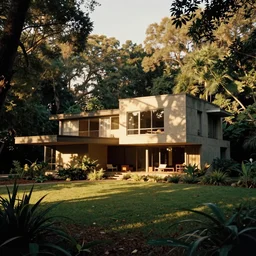 architecture ad for a mid-century modern house in the middle of the forrest, designed by Frank Gehry. Film grain, cinematic, yellow hue