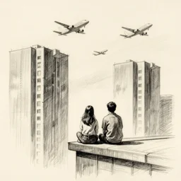 a pencil sketch of 2 people, sitting on the edge of a building, looking away from the camera, tall rectangular buildings in the background, planes flying overhead