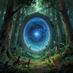 intergalactic stargate portal in the middle of a forest, with animals and birds all around it by jack davis