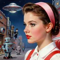closeup profile face portrait of a waitress in a diner, 1 9 5 0 s scifi, tin toy robots, ufo, flying saucer, moon, meninblack, steampunk, alley, streets, walter sickert, earl norem, hyper realistic, artstation, illustration, digital paint, matte paint, vivid colors, detailed and intricate environment
