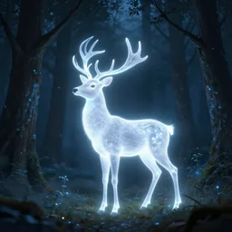 white glowing deer standing in the middle of a forest at night, a hologram by wolfgang zelmer, featured on deviantart, magic realism, made of mist, bioluminescence, storybook illustration