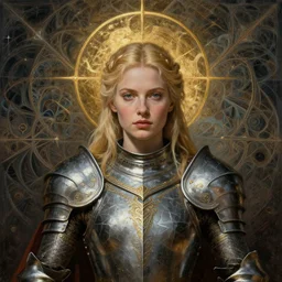 masterpiece head-on symmetrical centered painted portrait, Imogen Poots as a warrior paladin, blonde hair, golden halo, ornate iron armour, ornate abstract fractal background, elegant, distant, in the style of Edgar Maxence and Ross Tran and Zdzisław Beksiński and Michael Whelan and Anna Podedworna and gustav dore and H.R. Giger, 8k, octane render