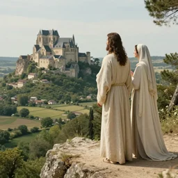 a unique digital photo of jesus and mary magdalene standing on a cliff looking over a beautiful landscape in france, rennes - le - chateau, award winning photo, very detailed, very realistic cinematic